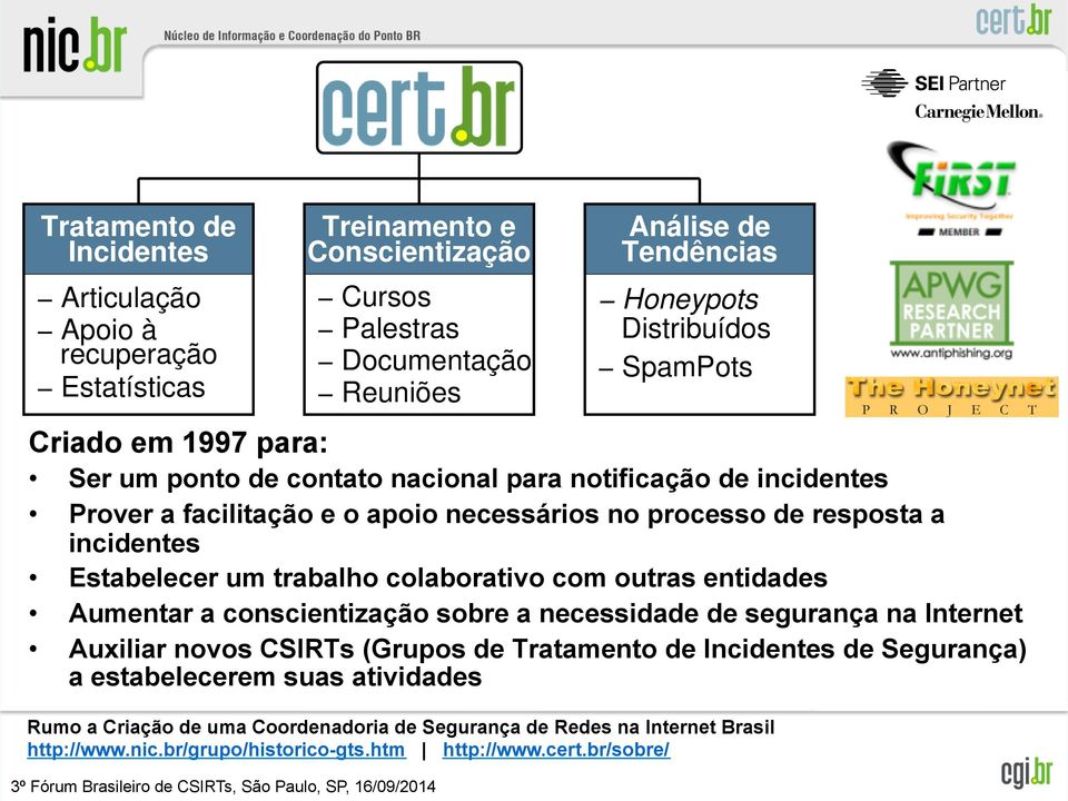 Aumentar a conscientização sobre a necessidade de segurança na Internet Auxiliar novos CSIRTs (Grupos de Tratamento de Incidentes de Segurança) a estabelecerem suas atividades Rumo a