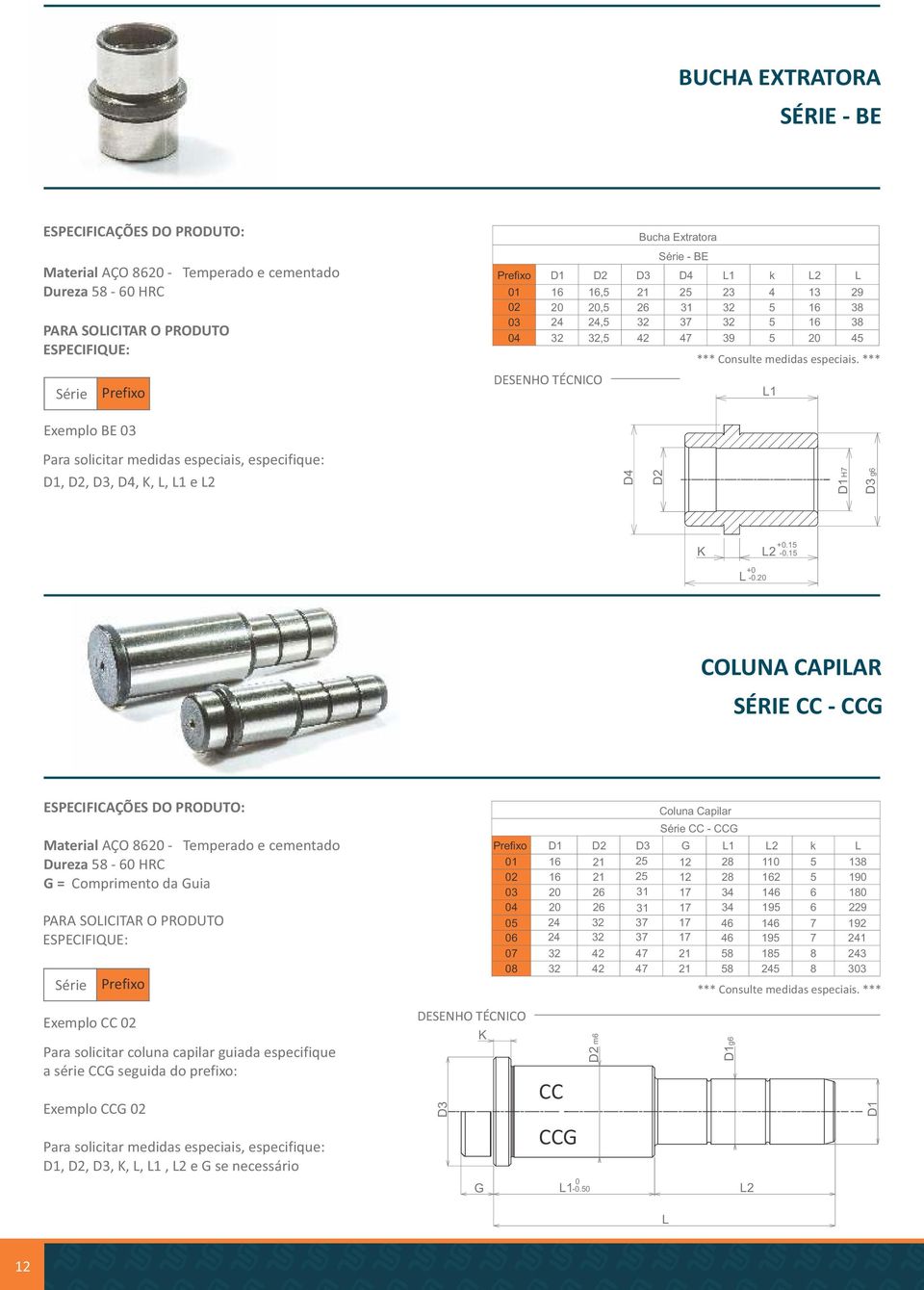 1 COUNA CAPIAR SÉRIE CC - CCG Material AÇO 862 - Temperado e cementado ureza 8-6 HRC G = Comprimento da Guia PARA SOICITAR O PROUTO Prefixo Prefixo 1 2 3 4 6 7 8 16 16 2 2 24 24 32 32 2 21 21 26 26