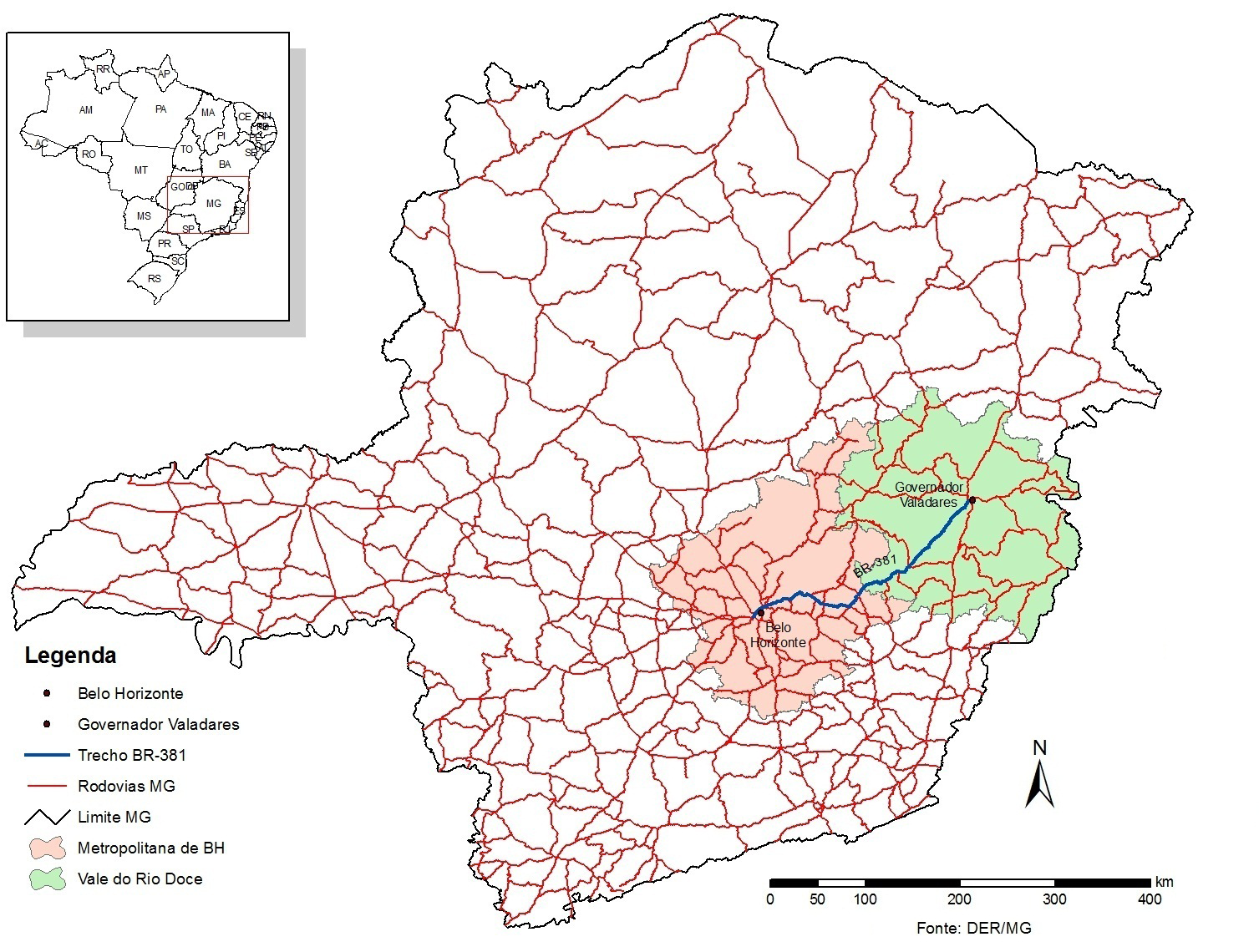 Figura 1 Localização do trecho em estudo da BR-381. Fonte: Dados disponibilizados pelo DER/MG (2010).