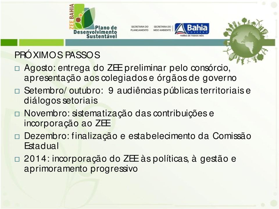 Novembro: sistematização das contribuições e incorporação ao ZEE Dezembro: finalização e