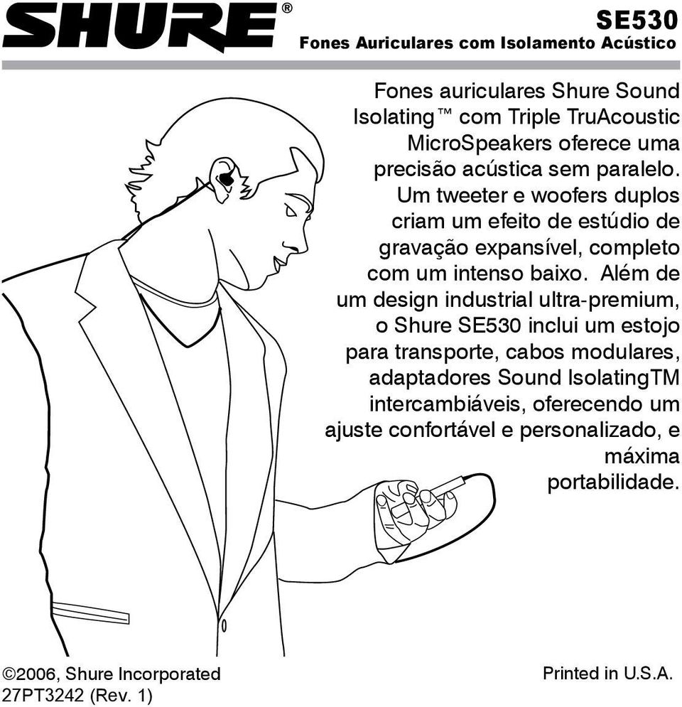 Além de um design industrial ultra-premium, o Shure SE530 inclui um estojo para transporte, cabos modulares, adaptadores Sound IsolatingTM