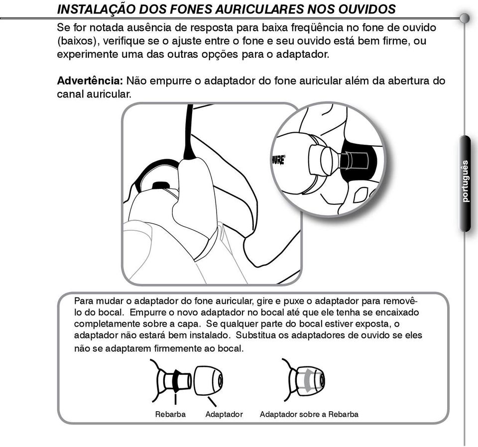 português Para mudar o adaptador do fone auricular, gire e puxe o adaptador para removêlo do bocal.