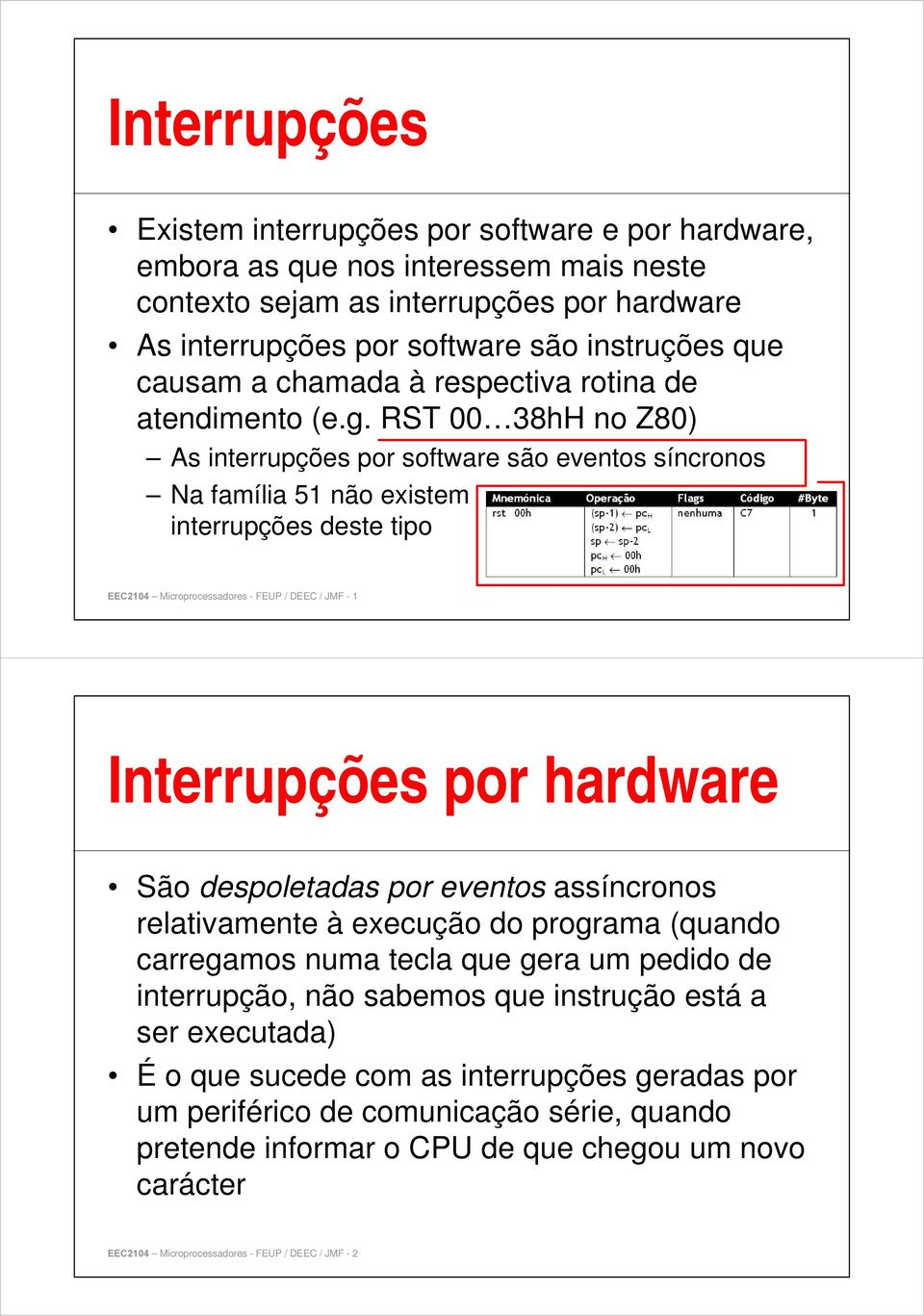 RST 38hH no Z8) As interrupções por software são eventos síncronos Na família 5 não existem interrupções deste tipo EEC24 Microprocessadores - FEUP / DEEC / JMF - Interrupções por hardware São