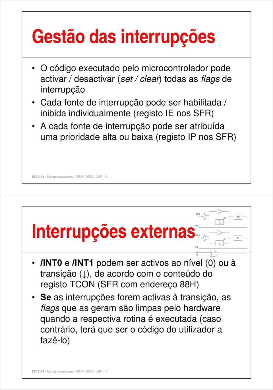 Interrupções externas/int TF IT IE TF /INT e /INT podem ser activos ao nível () ou à transição ( ), de acordo com o conteúdo do registo TCON (SFR com endereço 88H) Se as interrupções forem activas à