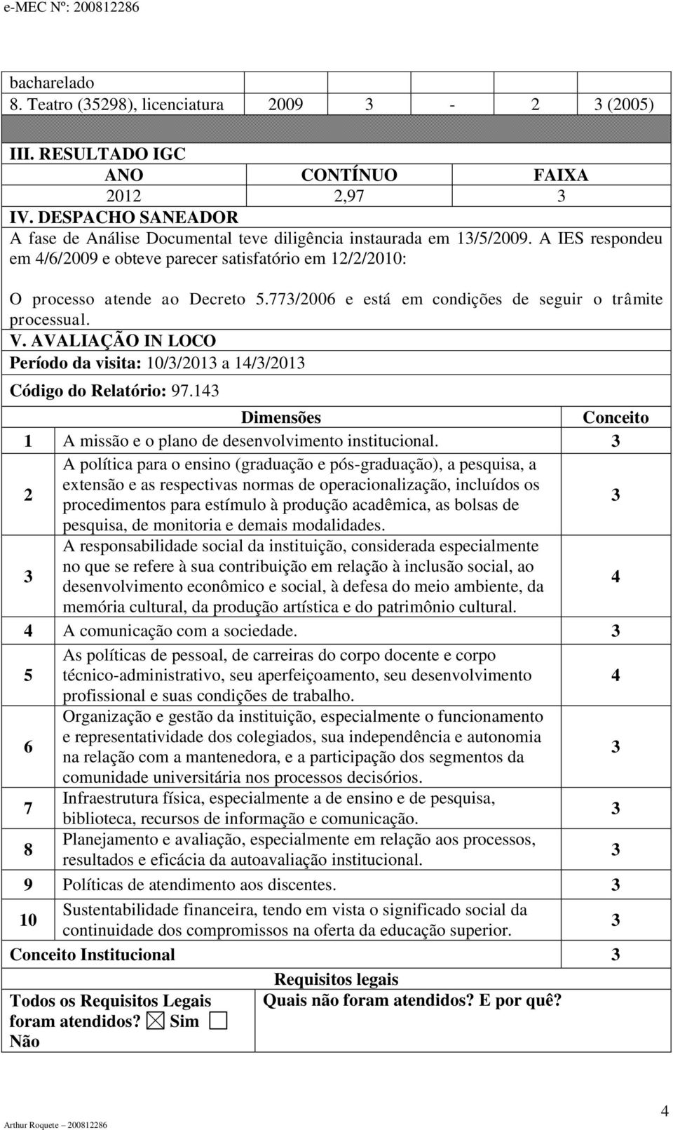 AVALIAÇÃO IN LOCO Período da visita: 10//01 a 14//01 Código do Relatório: 97.14 Dimensões Conceito 1 A missão e o plano de desenvolvimento institucional.