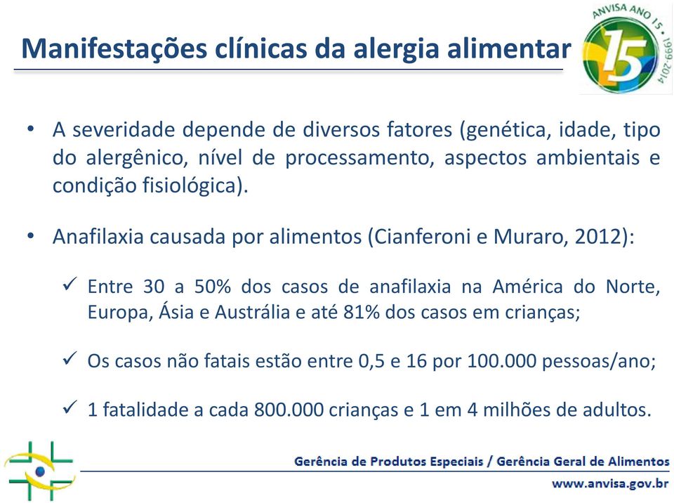 Anafilaxia causada por alimentos (Cianferoni e Muraro, 2012): Entre 30 a 50% dos casos de anafilaxia na América do Norte,