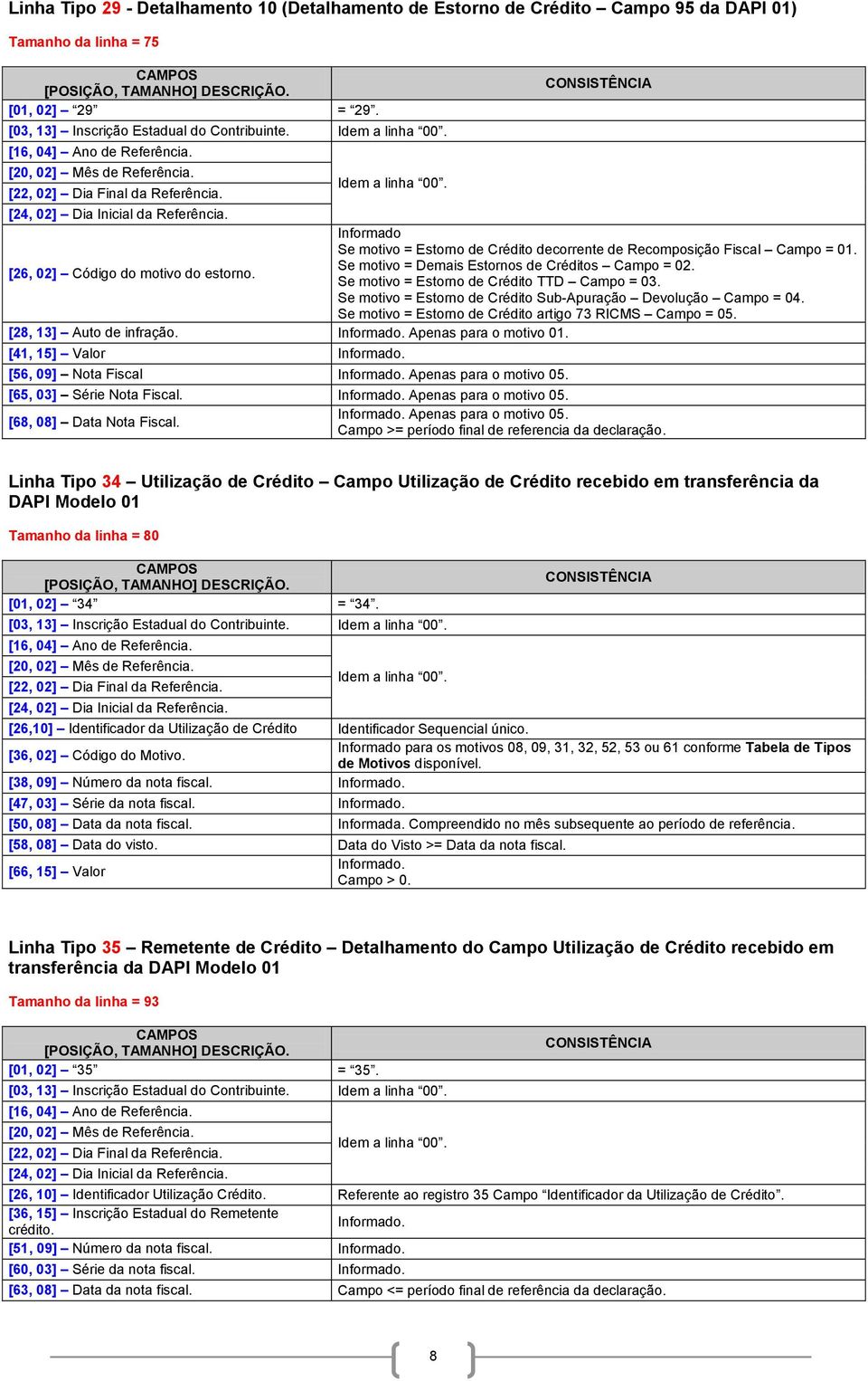 Se motivo = Estorno de artigo 73 RICMS Campo = 05. [28, 13] Auto de infração. Informado. Apenas para o motivo 01. [41, 15] Valor Informado. [56, 09] Nota Fiscal Informado. Apenas para o motivo 05.