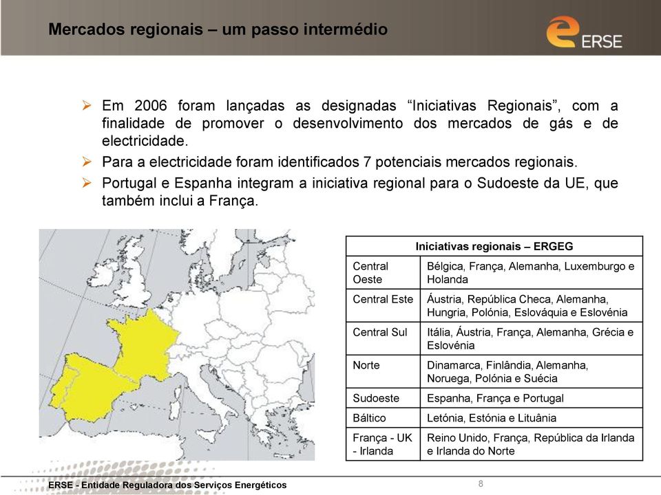 Iniciativas regionais ERGEG Central Oeste Central Este Central Sul Norte Sudoeste Báltico França - UK - Irlanda Bélgica, França, Alemanha, Luxemburgo e Holanda Áustria, República Checa, Alemanha,