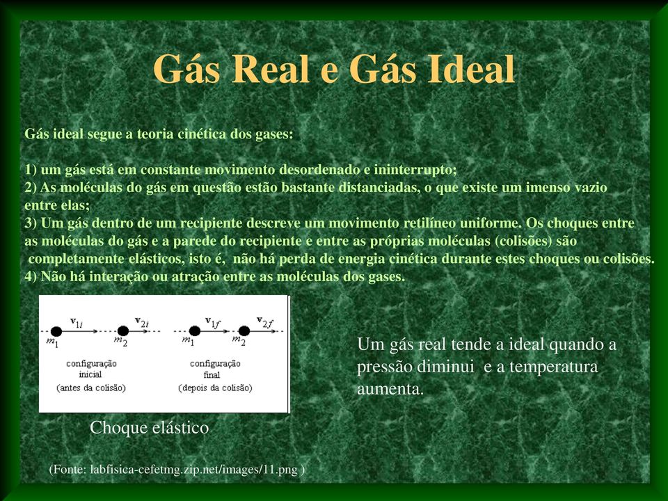 Os choques entre as moléculas do gás e a parede do recipiente e entre as próprias moléculas (colisões) são completamente elásticos, isto é, não há perda de energia cinética durante