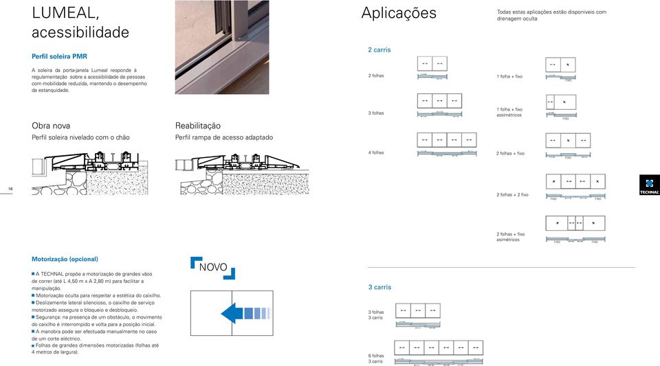 2 folhas 1 folha + fixo Obra nova 9 3 9 3 Reabilitação 3 folhas 1 folha + fixo assimétricos Perfil soleira nivelado com o chão Perfil rampa de acesso adaptado 4 folhas 2 folhas + fixo 16 2 folhas + 2