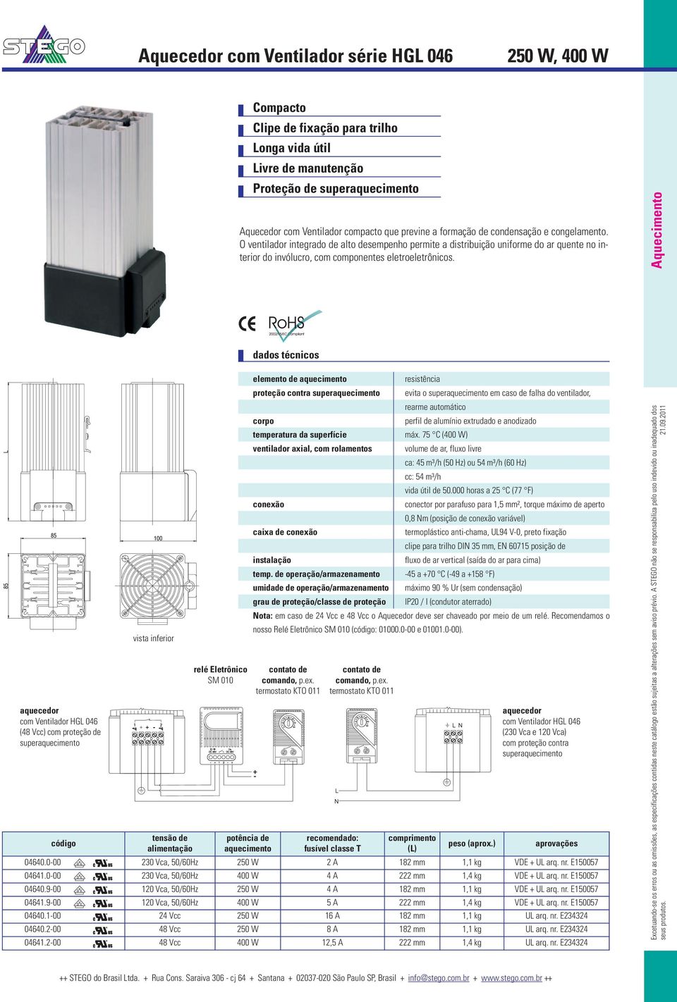 Aquecimento aquecedor com Ventilador HGL 046 (48 Vcc) com proteção de superaquecimento código vista inferior tensão de alimentação relé Eletrônico SM 010 potência de aquecimento elemento de