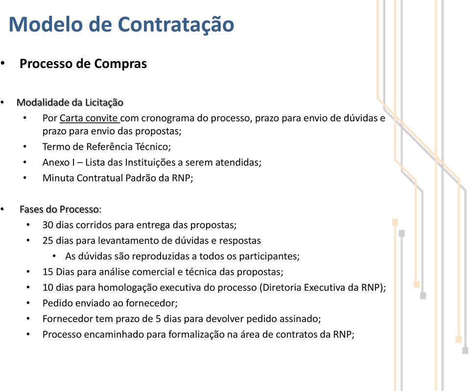 levantamento de dúvidas e respostas As dúvidas são reproduzidas a todos os participantes; 15 Dias para análise comercial e técnica das propostas; 10 dias para homologação executiva do