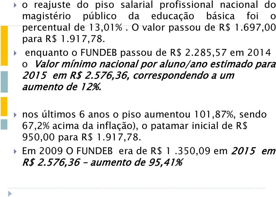 285,57 em 2014 o Valor mínimo nacional por aluno/ano estimado para 2015 em R$ 2.576,36, correspondendo a um aumento de 12%.
