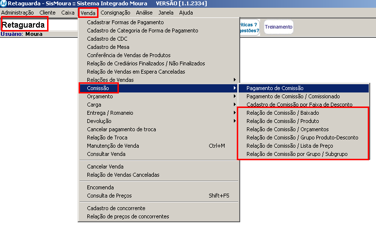 Relações do Retaguarda- Venda/Comissão No submenu comissão serão listadas as