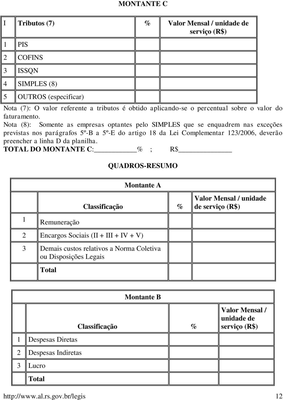 Nota (8): Somente as empresas optantes pelo SIMPLES que se enquadrem nas exceções previstas nos parágrafos 5ºB a 5ºE do artigo 18 da Lei Complementar 123/2006, deverão preencher a linha D da planilha.