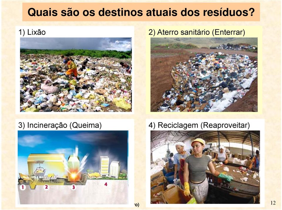 Incineração (Queima) 4) Reciclagem (Reaproveitar)