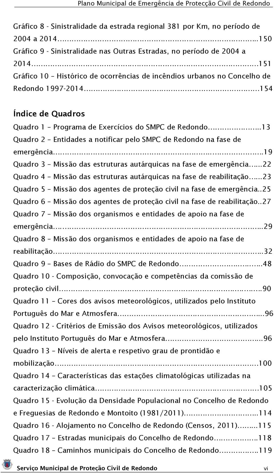 .13 Quadro 2 Entidades a notificar pelo SMPC de Redondo na fase de emergência...19 Quadro 3 Missão das estruturas autárquicas na fase de emergência.