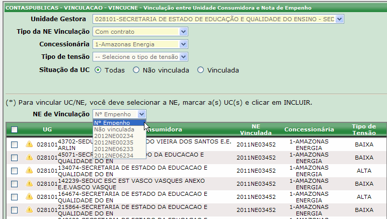 Selecionar a NE para vinculação (OBRIGATÓRIO). Obs.