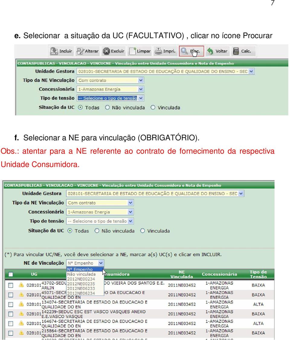 Selecionar a NE para vinculação (OBRIGATÓRIO). Obs.