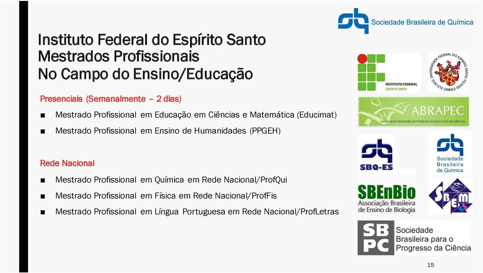 Profissional em Ensino de Humanidades (PPGEH) Rede Nacional Mestrado Profissional em Química em Rede