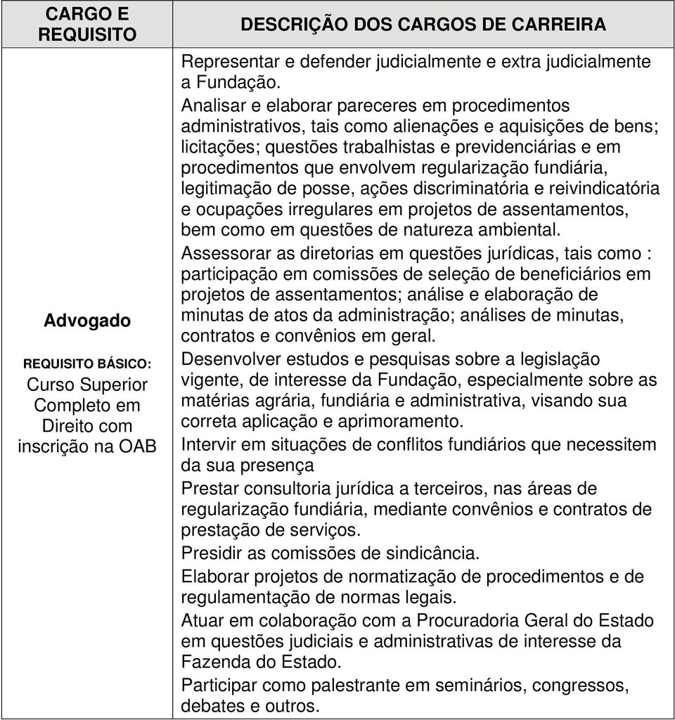 regularização fundiária, legitimação de posse, ações discriminatória e reivindicatória e ocupações irregulares em projetos de assentamentos, bem como em questões de natureza ambiental.