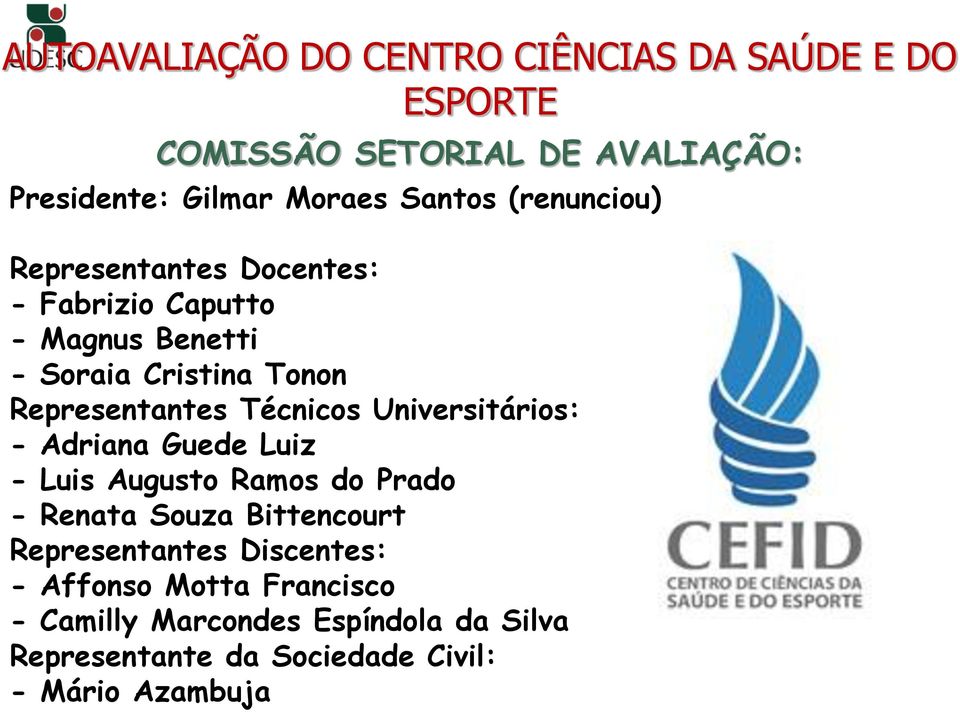 Técnicos Universitários: - Adriana Guede Luiz - Luis Augusto Ramos do Prado - Renata Souza Bittencourt Representantes