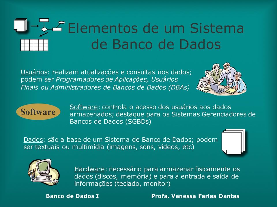 Sistemas Gerenciadores de Bancos de Dados (SGBDs) Dados: são a base de um Sistema de Banco de Dados; podem ser textuais ou multimídia (imagens,