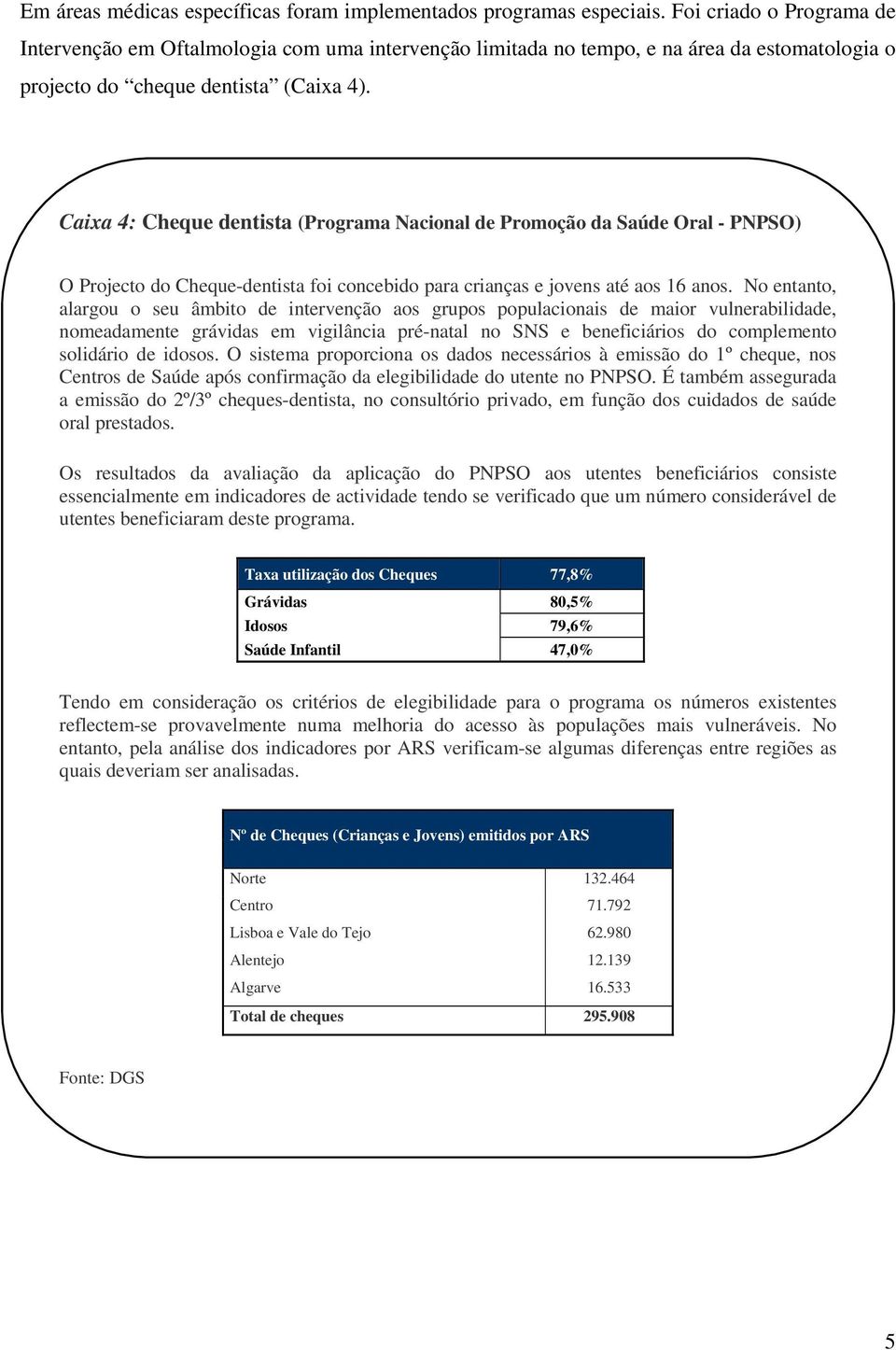 Caixa 4: Cheque dentista (Programa Nacional de Promoção da Saúde Oral - PNPSO) O Projecto do Cheque-dentista foi concebido para crianças e jovens até aos 16 anos.