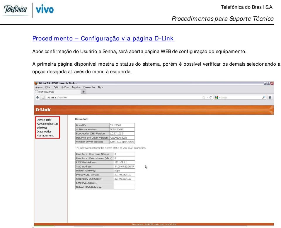 A primeira página disponível mostra o status do sistema, porém é