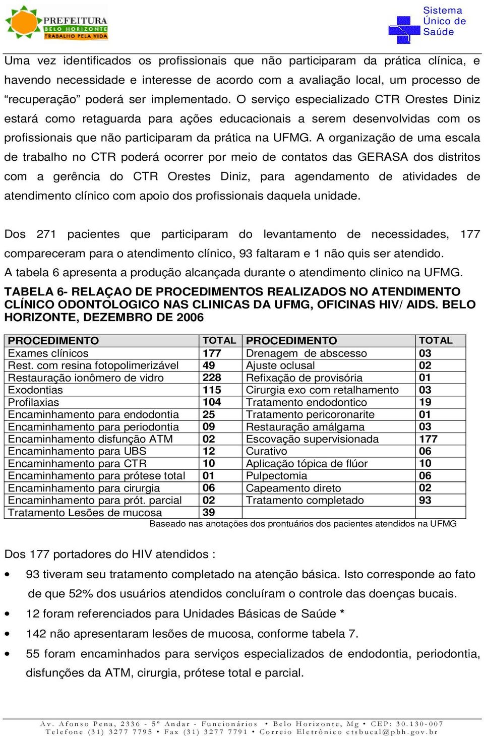 A organização de uma escala de trabalho no CTR poderá ocorrer por meio de contatos das GERASA dos distritos com a gerência do CTR Orestes Diniz, para agendamento de atividades de atendimento clínico