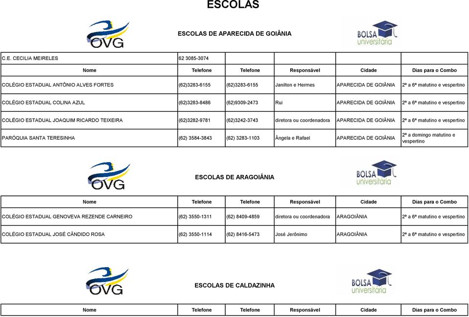 APARECIDA DE PARÓQUIA SANTA TERESINHA (62) 3584-3843 (62) 3283-1103 Ângela e Rafael APARECIDA DE matutino e vespertino ESCOLAS DE ARA COLÉGIO ESTADUAL GENOVEVA REZENDE