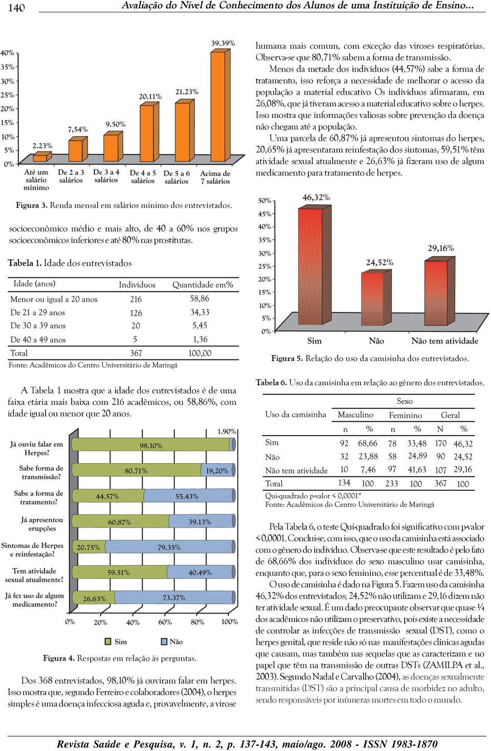 tiveram acesso a material educativo sobre o herpes. Isso mostra que informações valiosas sobre prevenção da doença não chegam até a população.