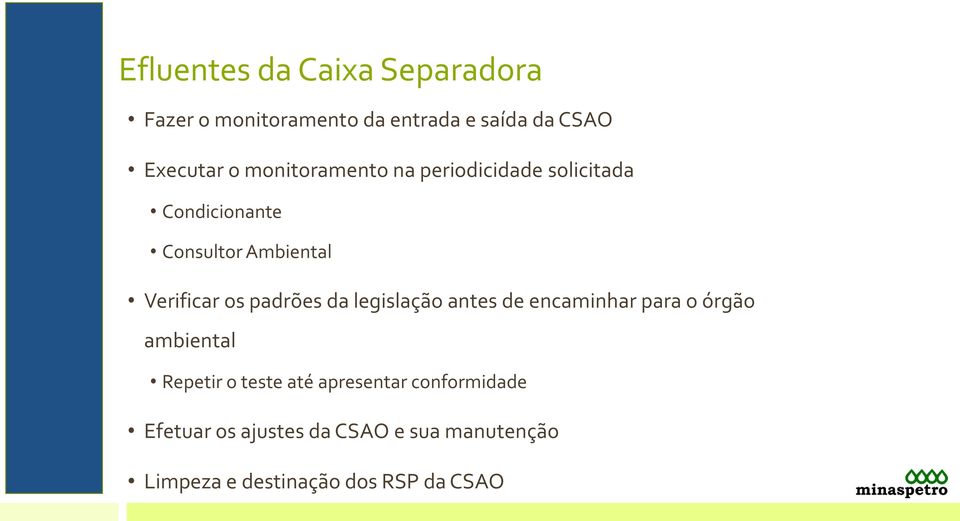 padrões da legislação antes de encaminhar para o órgão ambiental Repetir o teste até