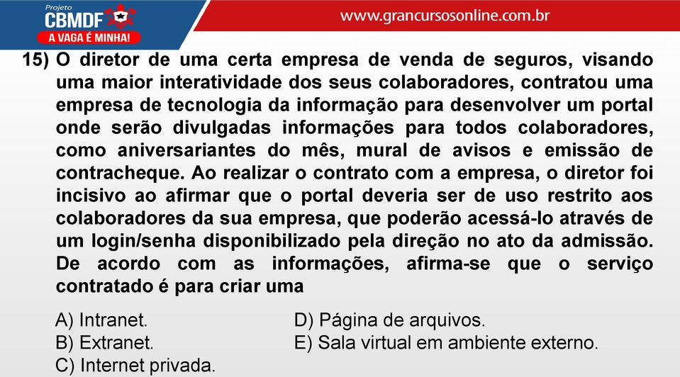 Ao realizar o contrato com a empresa, o diretor foi incisivo ao afirmar que o portal deveria ser de uso restrito aos colaboradores da sua empresa, que poderão acessá-lo através de um