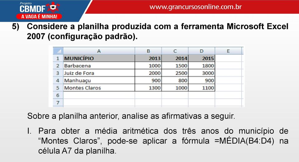 Sobre a planilha anterior, analise as afirmativas a seguir. I.