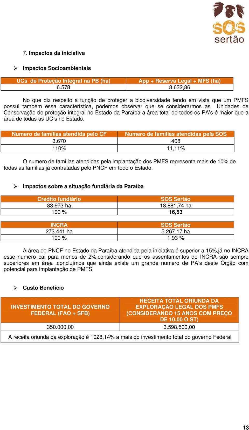 proteção integral no Estado da Paraíba a área total de todos os PA s é maior que a área de todas as UC s no Estado. Numero de famílias atendida pelo CF Numero de famílias atendidas pela SOS 3.