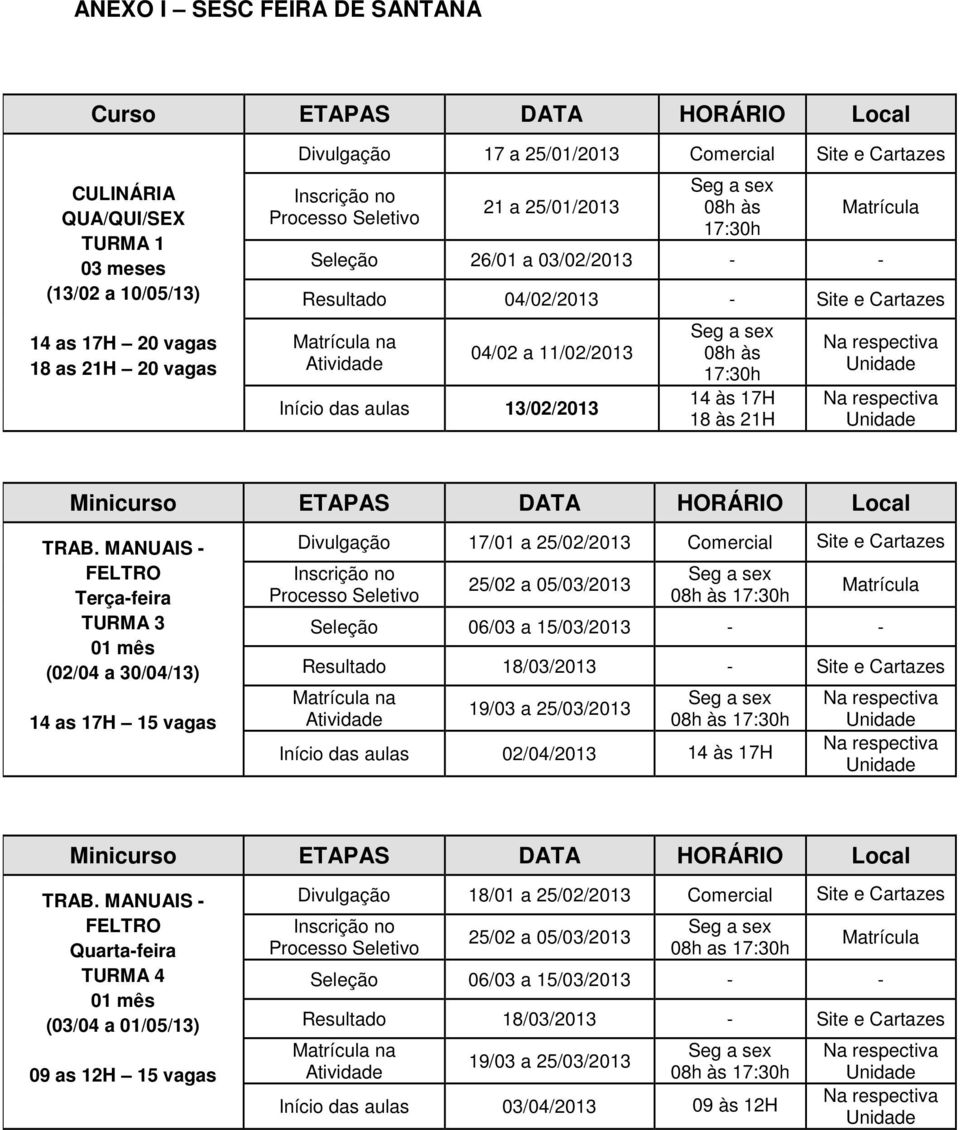 25/02 a 05/03/2013 Seleção 06/03 a 15/03/2013 - - Resultado 18/03/2013 - Site e Cartazes 19/03 a 25/03/2013 Início das aulas 02/04/2013 TURMA 4 (03/04 a 01/05/13) Divulgação 18/01