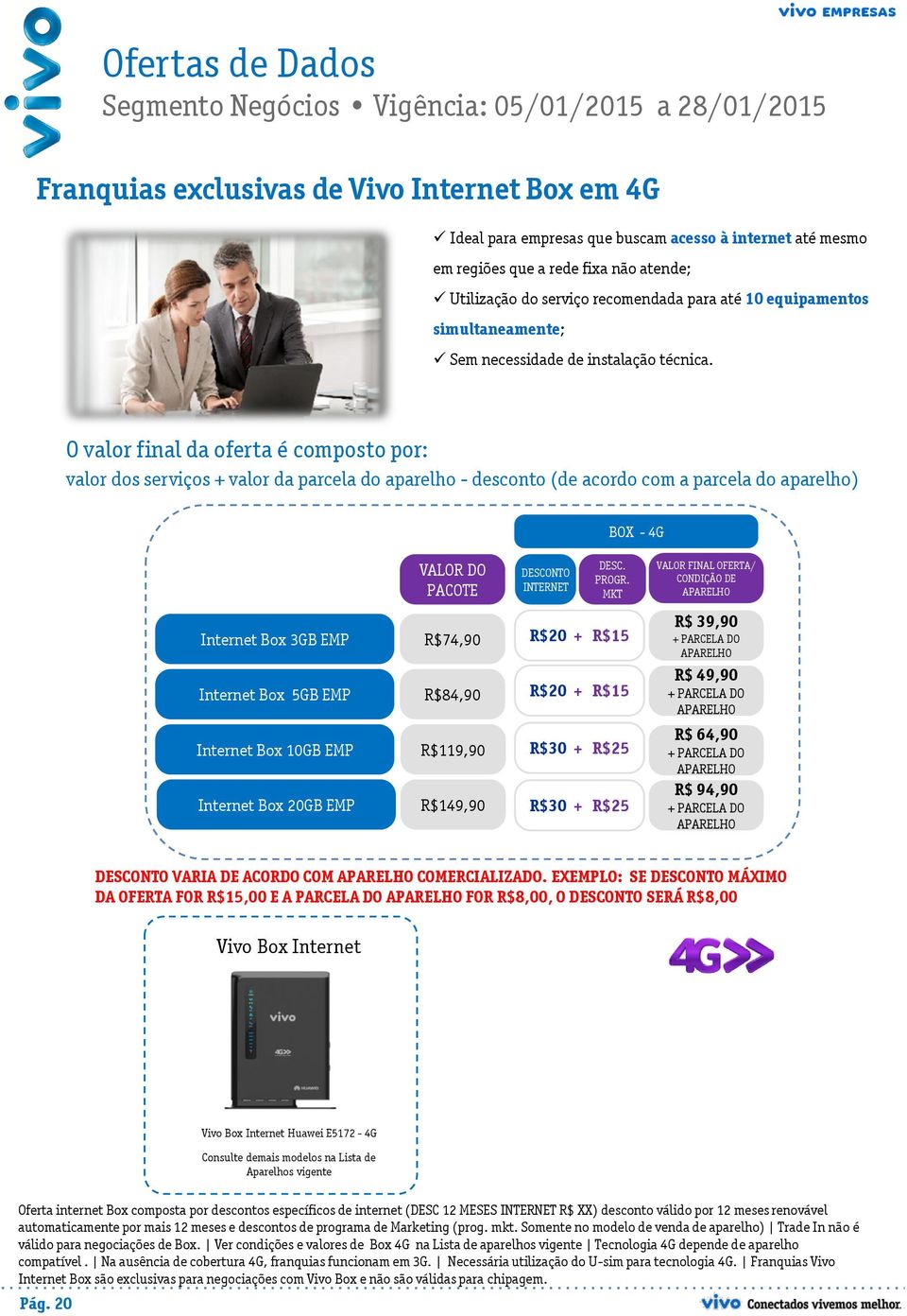 O valor final da oferta é composto por: valor dos serviços + valor da parcela do aparelho - desconto (de acordo com a parcela do aparelho) BOX - 4G VALOR DO PACOTE DESCONTO INTERNET DESC. PROGR.