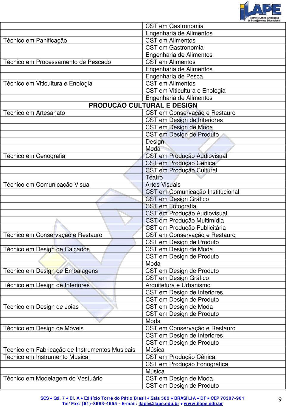 em Produção Cultural Teatro Técnico em Comunicação Visual CST em Comunicação Institucional CST em Design Gráfico CST em Fotografia CST em Produção Audiovisual CST em Produção Multimídia CST em