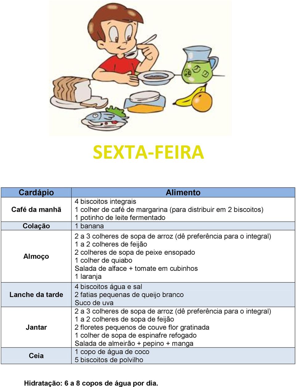 cubinhos 1 laranja 4 biscoitos água e sal 2 fatias pequenas de queijo branco Suco de uva 1 a 2 colheres de sopa de feijão 2 floretes pequenos de couve flor