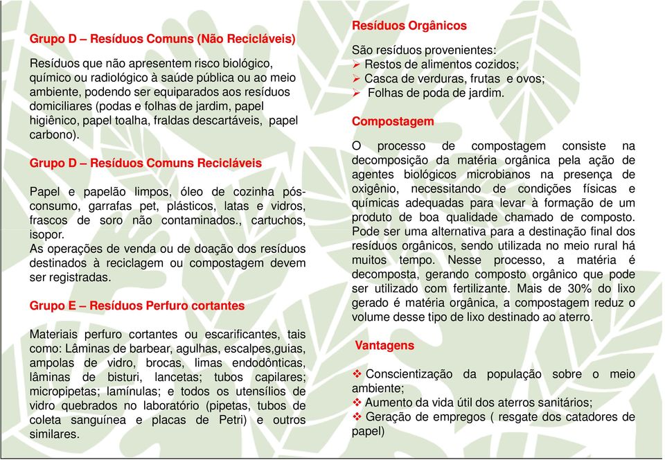 Grupo D Resíduos Comuns Recicláveis Papel e papelão limpos, óleo de cozinha pósconsumo, garrafas pet, plásticos, latas e vidros, frascos de soro não contaminados., cartuchos, isopor.