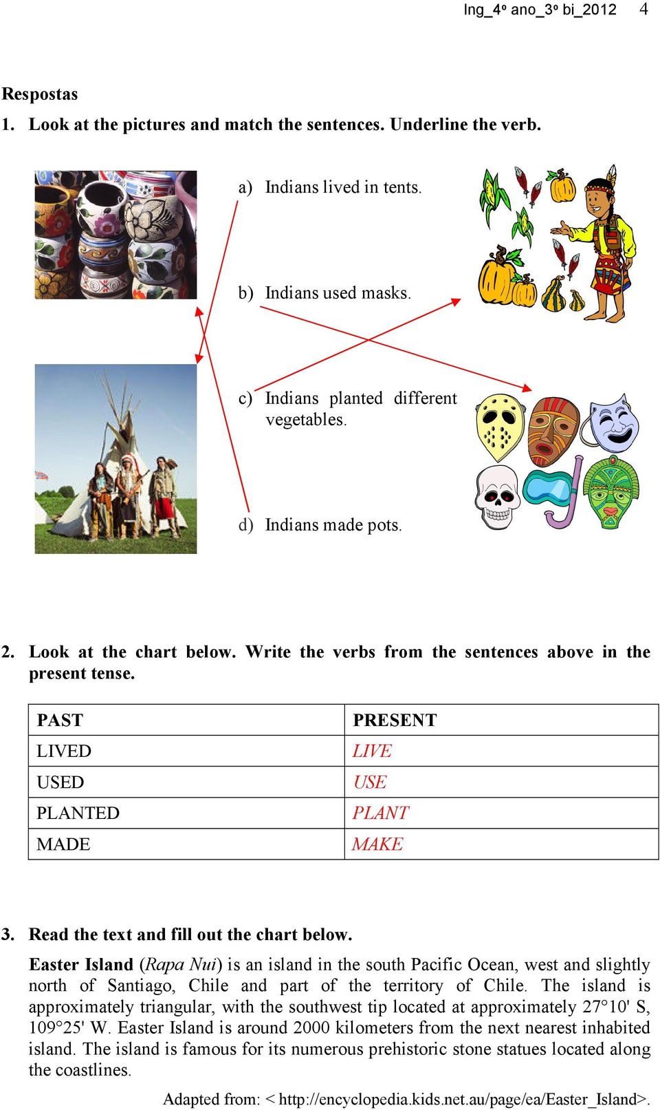 Read the text and fill out the chart below. Easter Island (Rapa Nui) is an island in the south Pacific Ocean, west and slightly north of Santiago, Chile and part of the territory of Chile.