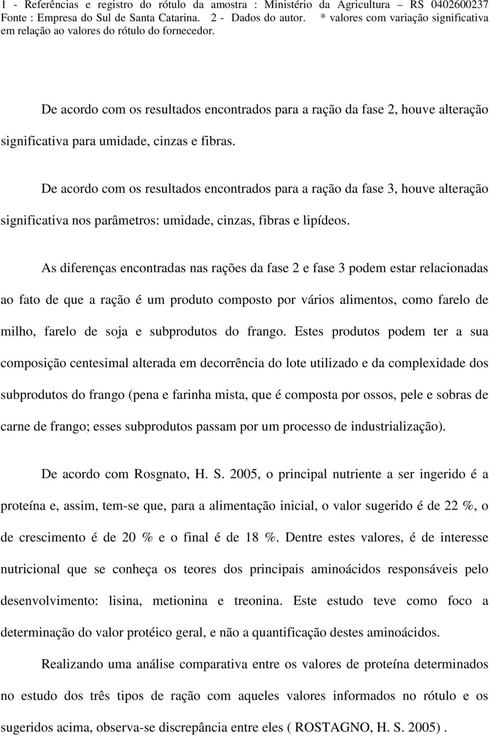 De acordo com os resultados encontrados para a ração da fase 2, houve alteração significativa para umidade, cinzas e fibras.