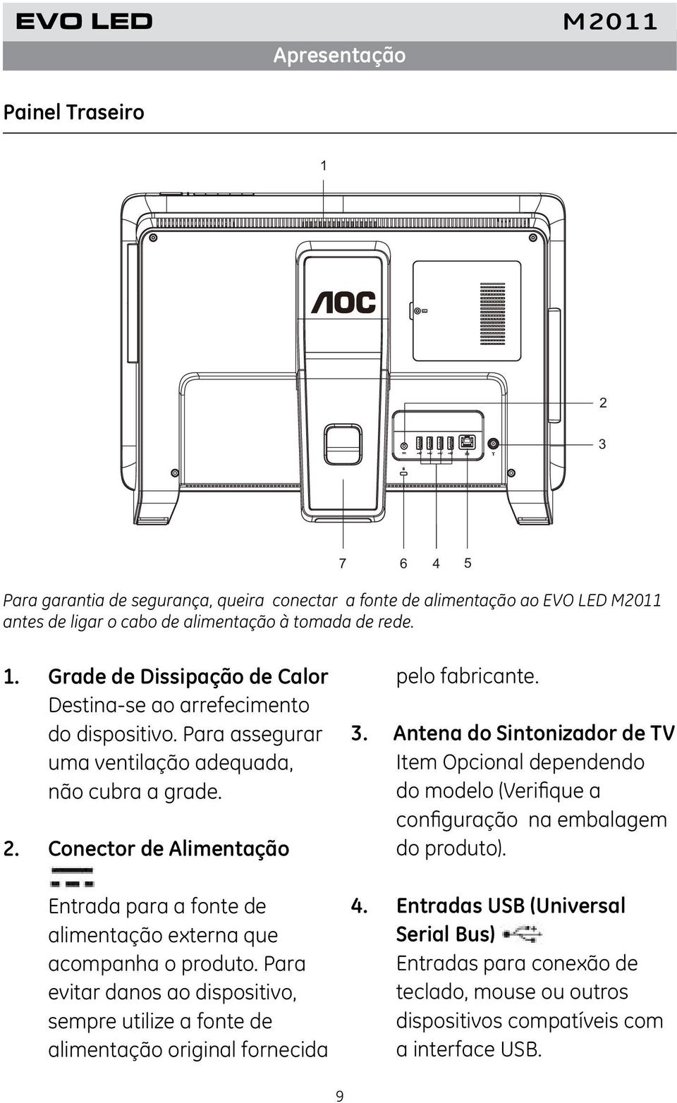 Para evitar danos ao dispositivo, sempre utilize a fonte de alimentação original fornecida pelo fabricante. 3.