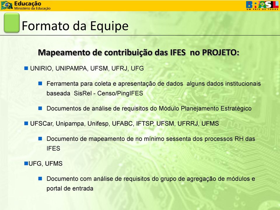 Módulo Planejamento Estratégico UFSCar, Unipampa, Unifesp, UFABC, IFTSP, UFSM, UFRRJ, UFMS Documento de mapeamento de no