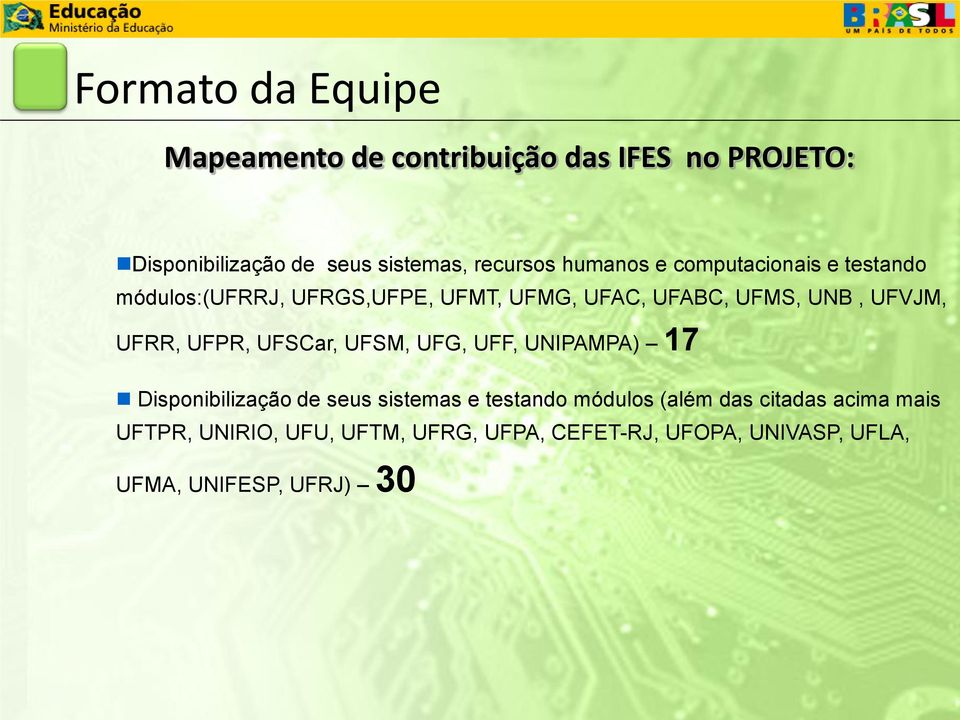 UFRR, UFPR, UFSCar, UFSM, UFG, UFF, UNIPAMPA) 17 Disponibilização de seus sistemas e testando módulos (além