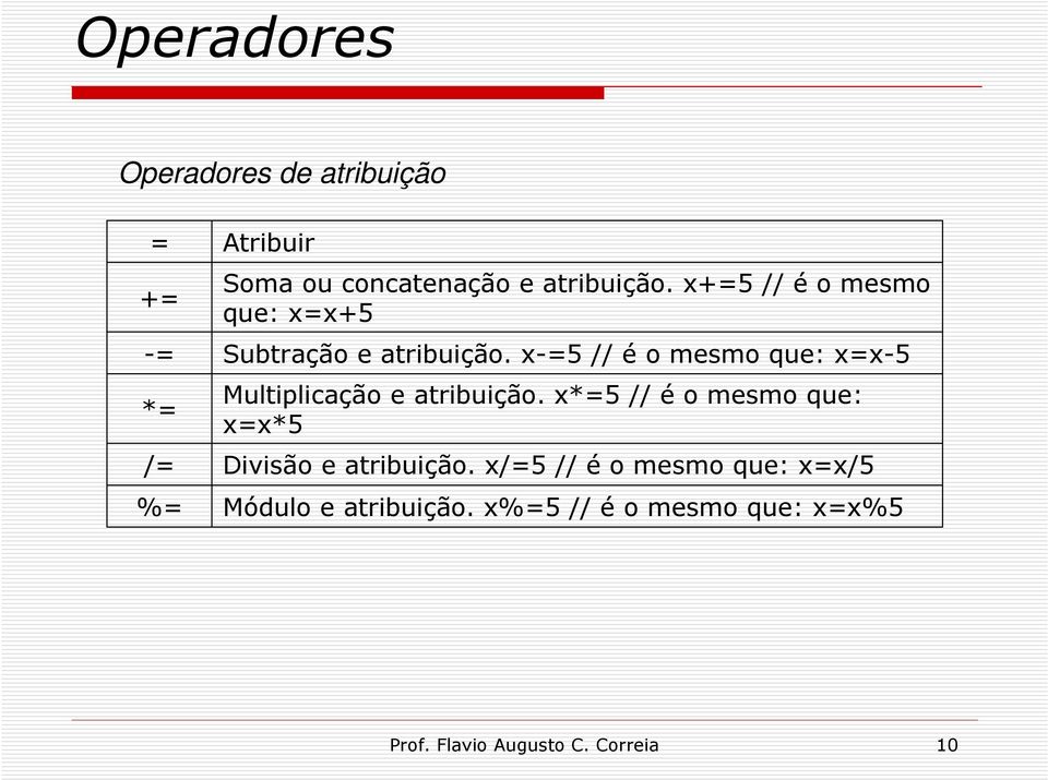 x-=5 // é o mesmo que: x=x-5 Multiplicação e atribuição.