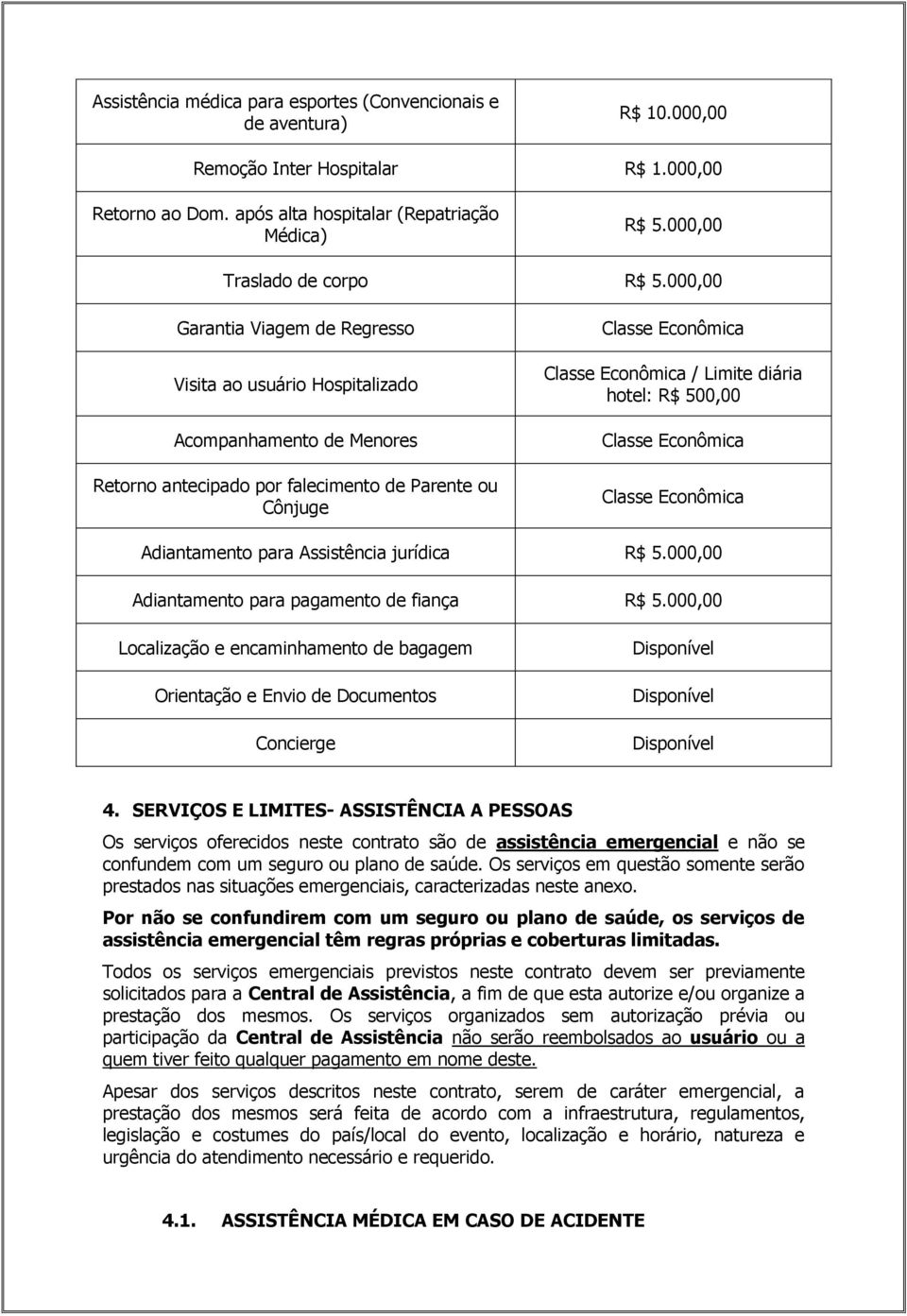 000,00 Garantia Viagem de Regresso Visita ao usuário Hospitalizado Acompanhamento de Menores Retorno antecipado por falecimento de Parente ou Cônjuge Classe Econômica Classe Econômica / Limite diária