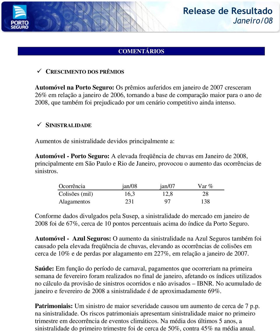 SINISTRALIDADE Aumentos de sinistralidade devidos principalmente a: Automóvel - Porto Seguro: A elevada freqüência de chuvas em Janeiro de 2008, principalmente em São Paulo e Rio de Janeiro, provocou