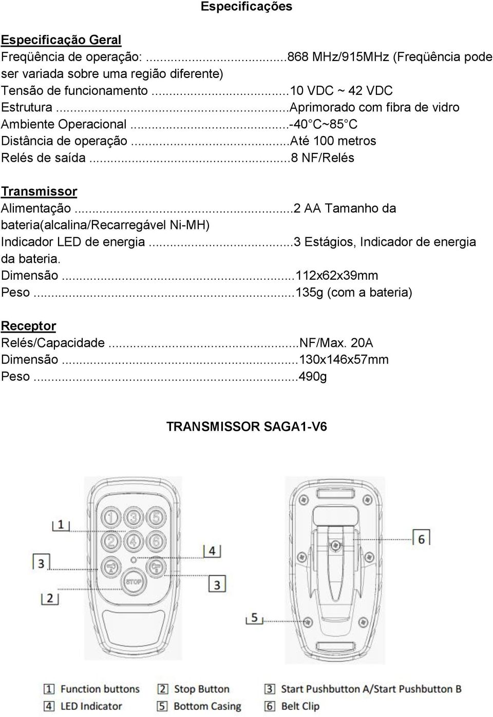 ..Aprimorado com fibra de vidro Ambiente Operacional...-40 C~85 C Distância de operação...até 100 metros Relés de saída...8 NF/Relés Transmissor Alimentação.